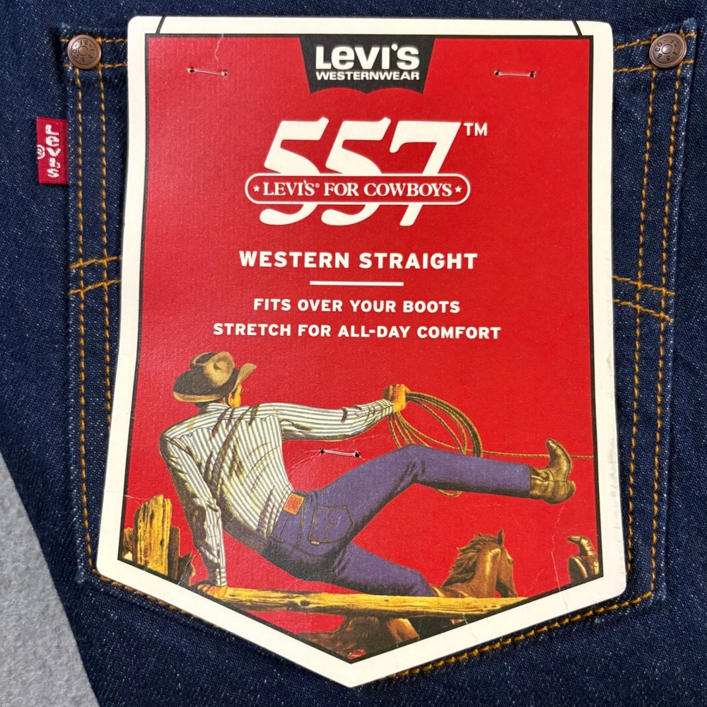 Levis Westernwear 557 Western Straight Jeans Mens 34x36 Indigo Stretch Denim New